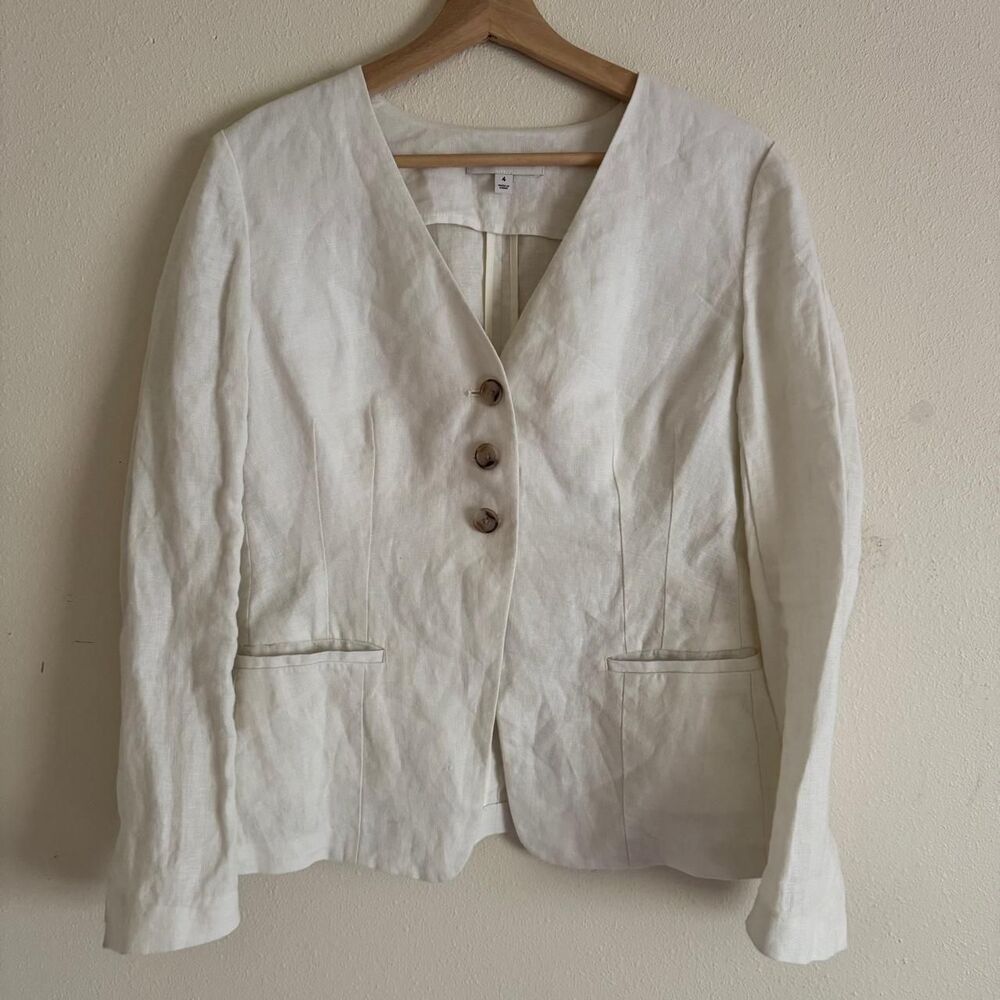 Banana Republic Longline Linen Blazer Jacket Size 4 Cream Collarless Minimalist